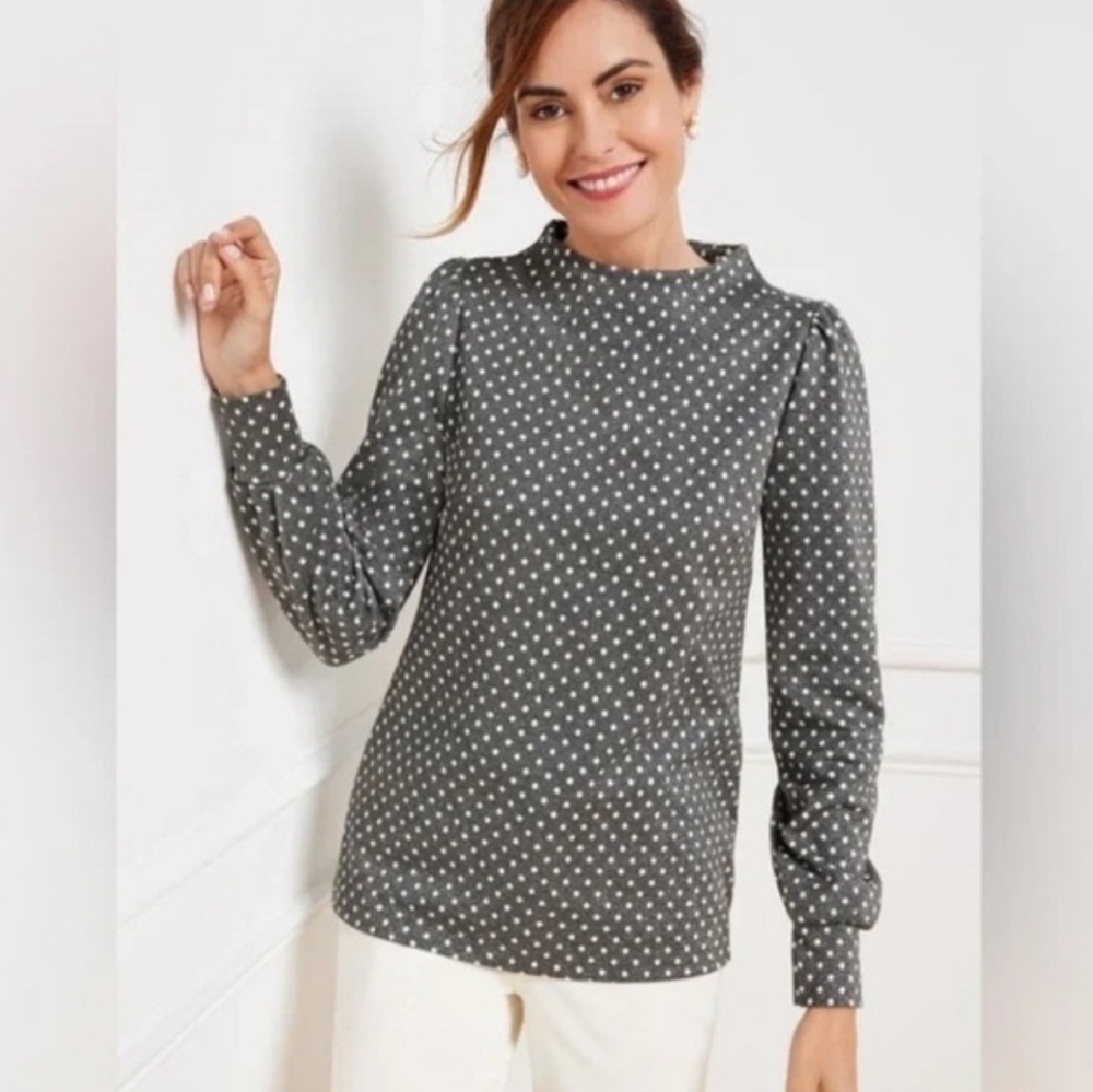 Talbots Funnel Neck Top Size Medium Gray Metallic Dot Jacquard Large NWT